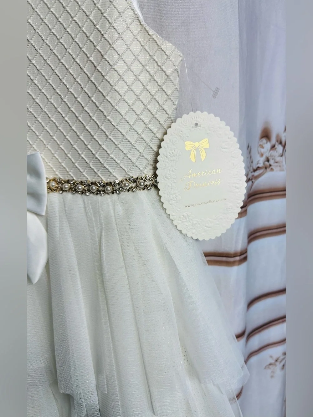 American Princess Ivory Lace Bodice Tulle Dress with Jeweled Waist